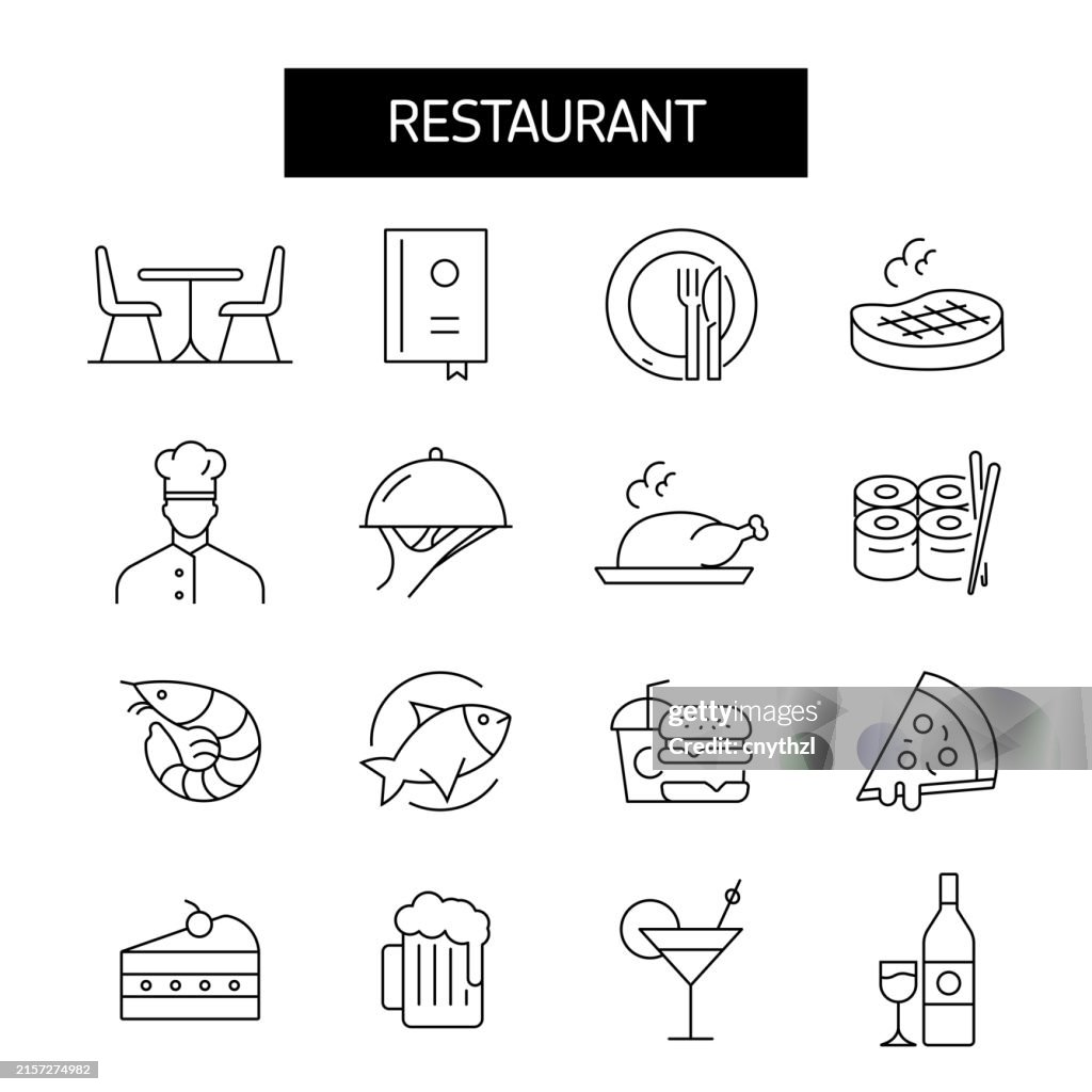 Restaurant and Food Line Icon Set. Chef, Menu, Serving, Bar, Cutlery.