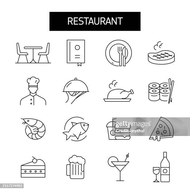 restaurant and food line icon set. chef, menu, serving, bar, cutlery. - chef serving customer stock illustrations
