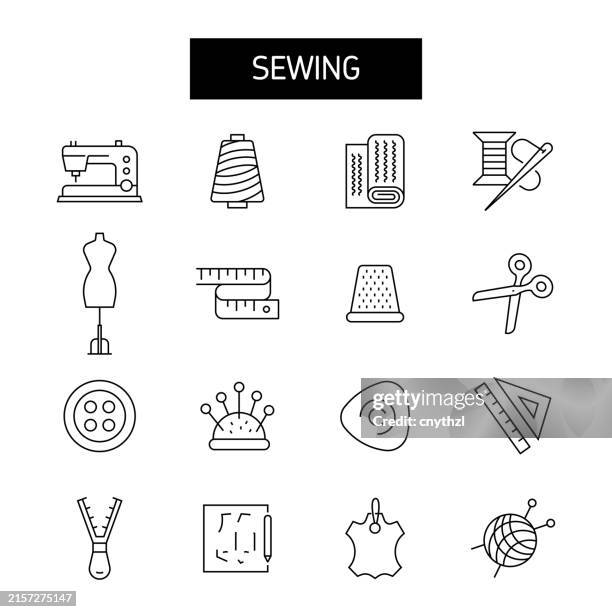 sewing line icon set. craft, needle, tailor. - clothespin string stock illustrations