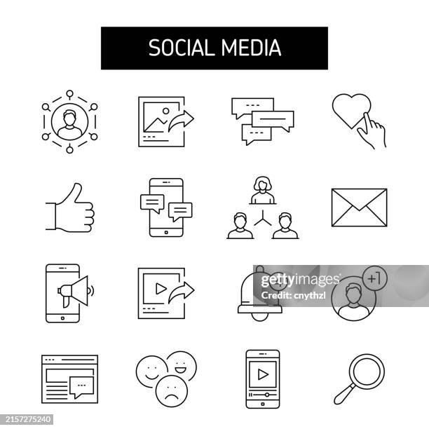 ilustrações de stock, clip art, desenhos animados e ícones de social media line icon set. social network, connection, sharing, event, chat. - difusão de televisão