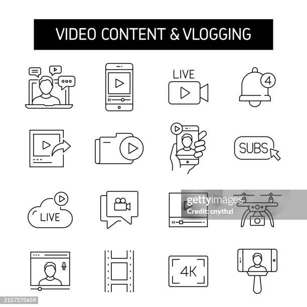 ilustrações, clipart, desenhos animados e ícones de conteúdo de vídeo e conjunto de ícones de linha de vlogging. youtuber, influenciador, radiodifusão, transmissão ao vivo. - câmera de vídeo