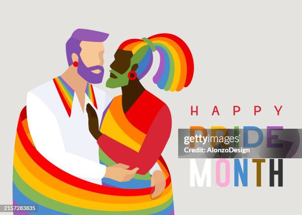 pa gay couple embraces beneath the lgbtq+ rainbow flag. - black man holding flag stock illustrations