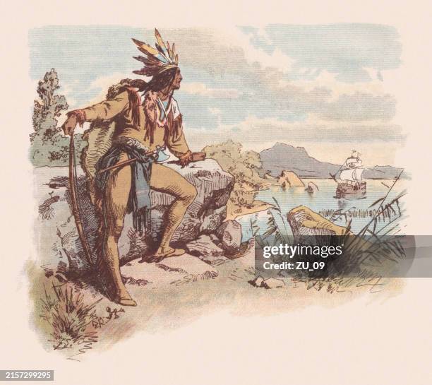 the song of hiawatha, geschrieben von longfellow, chromolithographie, veröffentlicht 1888 - indianischer abstammung stock-grafiken, -clipart, -cartoons und -symbole