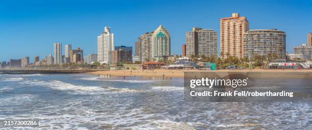 view of promenade, beach and hotels from pier in indian ocean, durban, kwazulu-natal province, south africa, africa - durban stock pictures, royalty-free photos & images