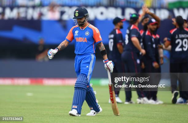 Virat Kohli of India makes his way off after being dismissed during the ICC Men's T20 Cricket World Cup West Indies & USA 2024 match between USA and...