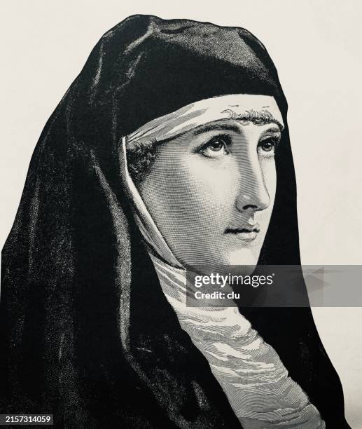 ilustraciones, imágenes clip art, dibujos animados e iconos de stock de hermoso retrato de monja, tiro de cabeza, vista lateral, ojos mirando hacia arriba - monja
