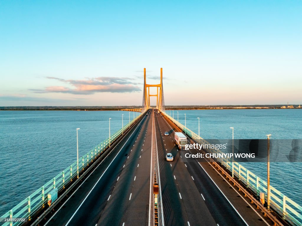 Sunset over the Second Severn Bridge (Prince of Wales Bridge) providing a vital link for England and Wales.