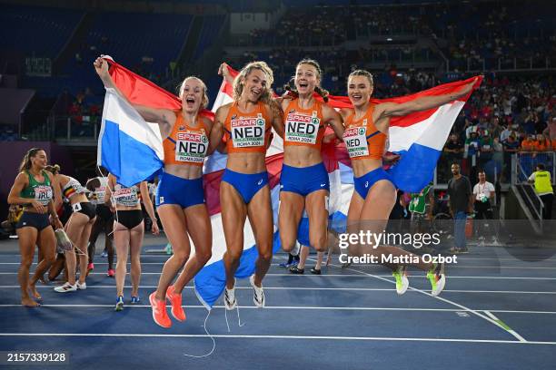 Gold medalists Lieke Klaver, Cathelijn Peeters, Femke Bol and Lisanne De Whitte of Team Netherlands celebrate winning the Women's 4x400m Relay Final...