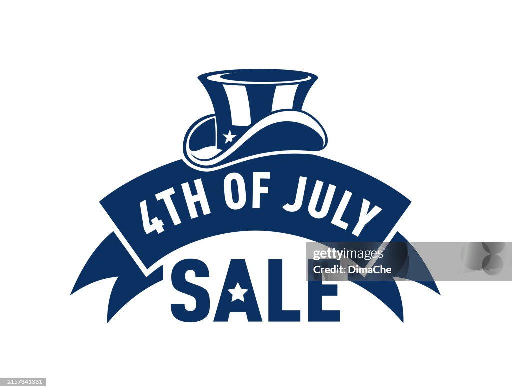 Fourth of July Sale Emblem. Ribbon with Uncle Sam Hat on top and 4th of July Sale lettering - monochrome vector icon, label, sticker, banner