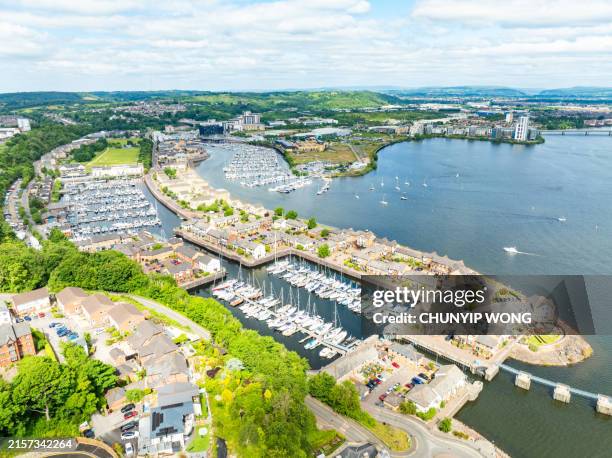 drone view of penarth, cardiff, uk - river quays marina stock pictures, royalty-free photos & images