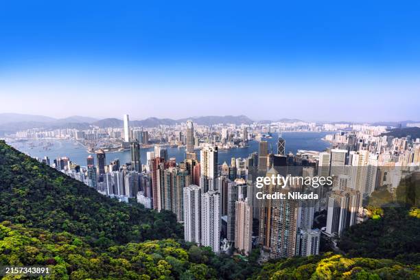 panoramic view of hong kong skyline from victoria peak - hongkong-eiland stockfoto's en -beelden