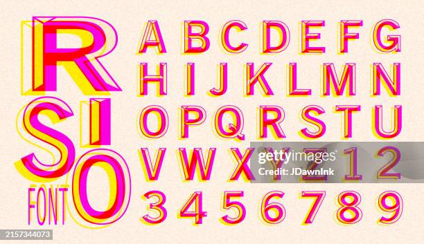 stockillustraties, clipart, cartoons en iconen met retro riso print style screen printing font design alphabet includes capital letters and numbers very textured style - lettertype