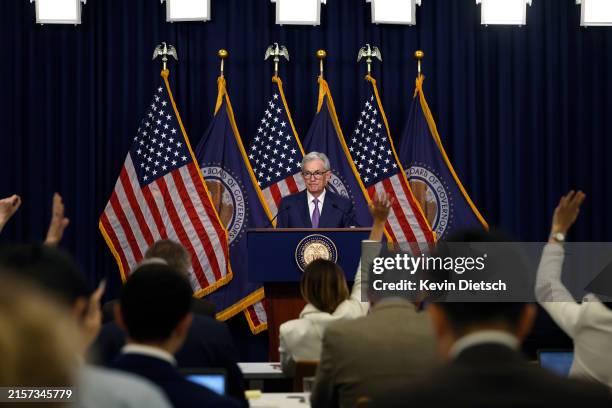 Federal Reserve Bank Chair Jerome Powell announces that interest rates will remain unchanged during a news conference at the Federal Reserves’s...