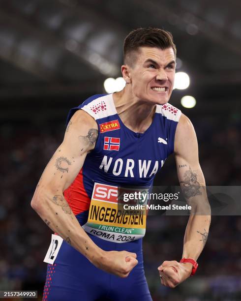 Jakob Ingebrigtsen of Team Norway celebrates winning the Gold medal in the Men’s 1500m Final on day six of the 26th European Athletics Championships...