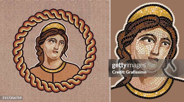 antique roman mosaic of woman with golden headgear - pompeii mosaic stock illustrations