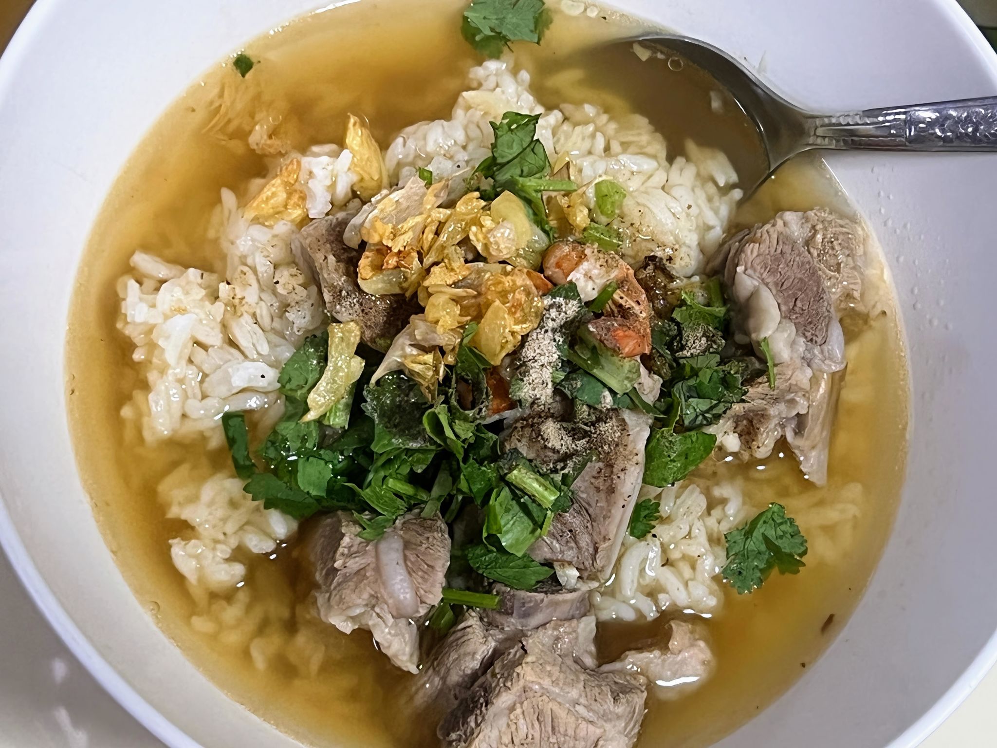 a photography of a bowl of soup with meat and rice. a photography of a bowl of soup with meat and rice.