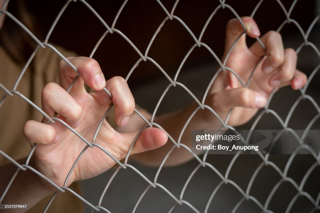 Cropped shot view of woman hands gripping on a metal wire fence.