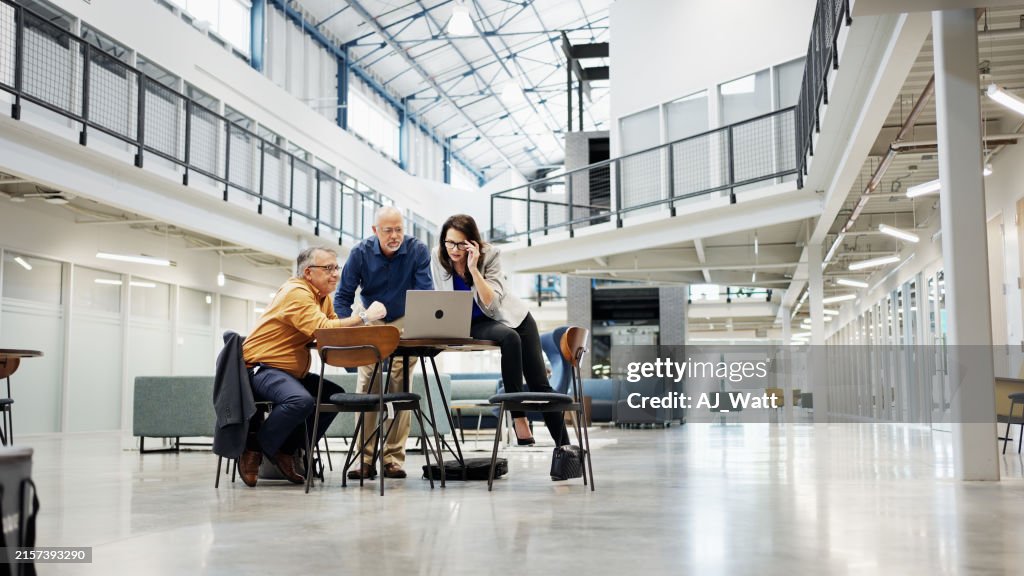 Reife Geschäftsleute, die an einem Laptop in der Lobby eines Konferenzzentrums arbeiten