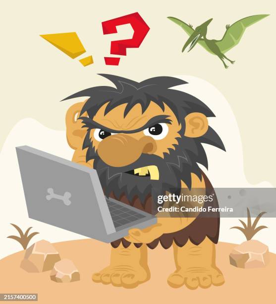 caveman with laptop - caveman stock illustrations