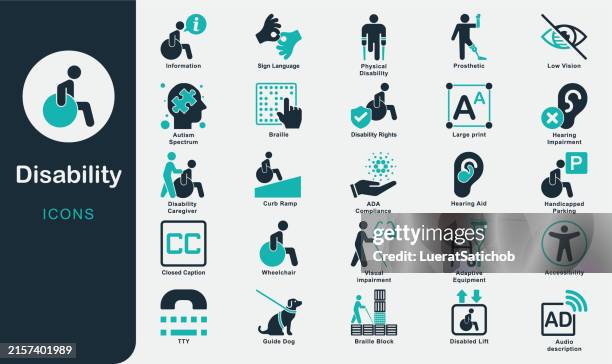 ilustraciones, imágenes clip art, dibujos animados e iconos de stock de colección de iconos sólidos para discapacitados. accesibilidad, barreras, vida en comunidad, salud, discapacidad cuidador, silla de ruedas, discapacitado, prótesis, ada, perro guía, lenguaje de señas, braille, espectro autista - discapacidad