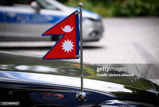 The standard with the flag of Nepal is attached to the limousine of the President of Nepal, Paudel, at the welcome in front of Bellevue Palace....