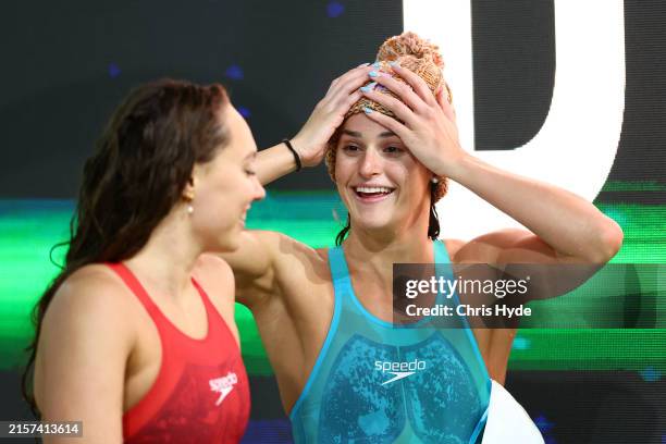 Kaylee McKeown of Queensland wears a beanie for the Mark Hughes Foundation after winning her Women’s 200m Backstroke Final during the 2024 Australian...