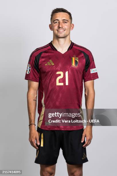 Timothy Castagne of Belgium poses for a portrait during the Belgium Portrait session ahead of the UEFA EURO 2024 Germany on June 12, 2024 in...