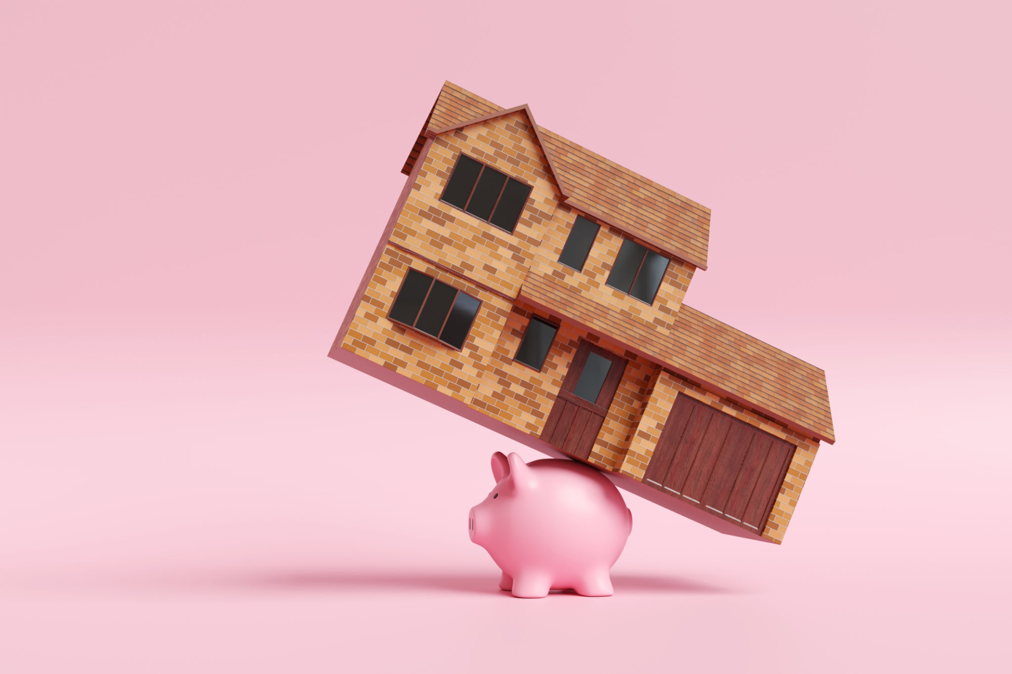 Detached house with a garage on the back of a pink piggy bank on pink background. Illustration of the on concept of increasing interest rate, debt burden of mortgage loan and rising cost of living Detached house with a garage on the back of a pink piggy bank on pink background. Illustration of the on concept of increasing interest rate, debt burden of mortgage loan and rising cost of living