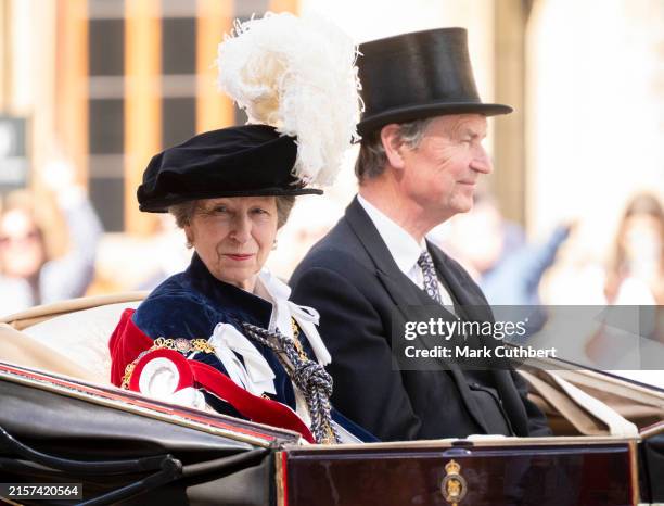 Princess Anne, Princess Royal and Timothy Laurence attend the Order Of The Garter Service at Windsor Castle on June 17, 2024 in Windsor, England.