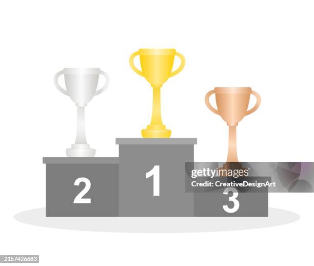 ilustraciones, imágenes clip art, dibujos animados e iconos de stock de copas trofeo de oro, plata y bronce en el podio de ganadores - segundo lugar
