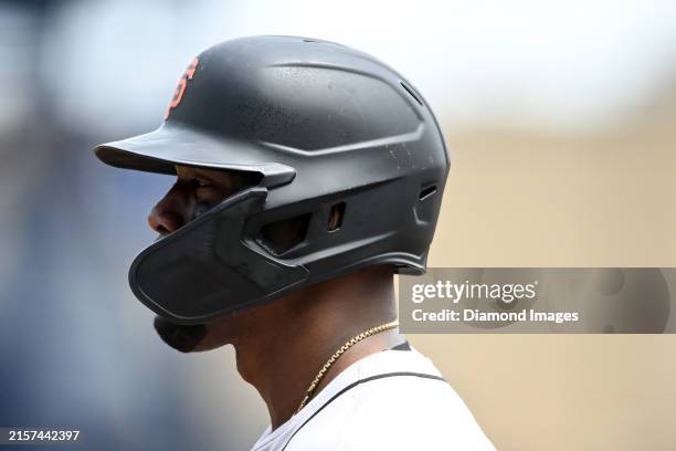 Closeup view of the batting helmet worn by Jorge Soler of the San Francisco Giants during the fourth inning against the Pittsburgh Pirates at PNC...