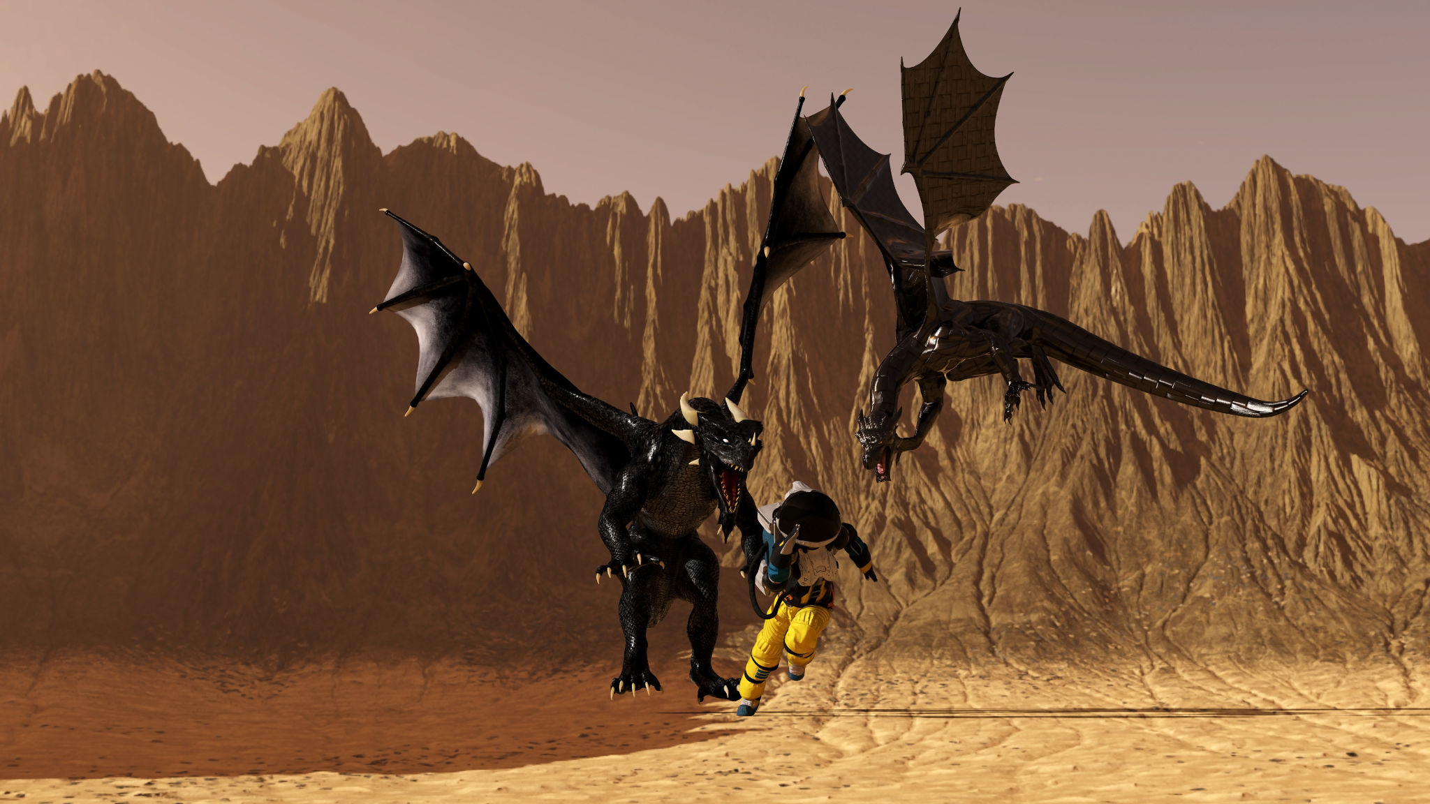 Illustration of an astronaut fleeing from two dragons on an arid world. Illustration of an astronaut fleeing from two dragons on an arid world.