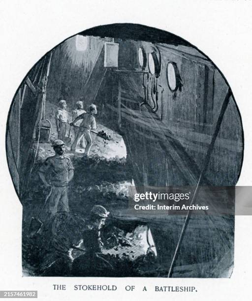Illustration showing sailors working the stokehold of a Royal Navy battleship, late nineteenth century. Llustration is by Charles Joseph Staniland.