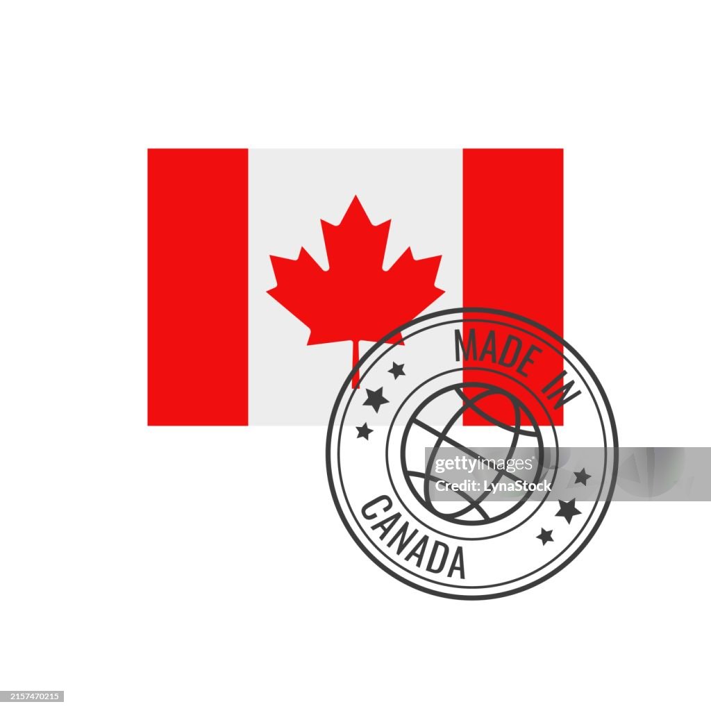 Made in Canada badge vector. Sticker with Canadian national flag. Ink stamp isolated on white background.