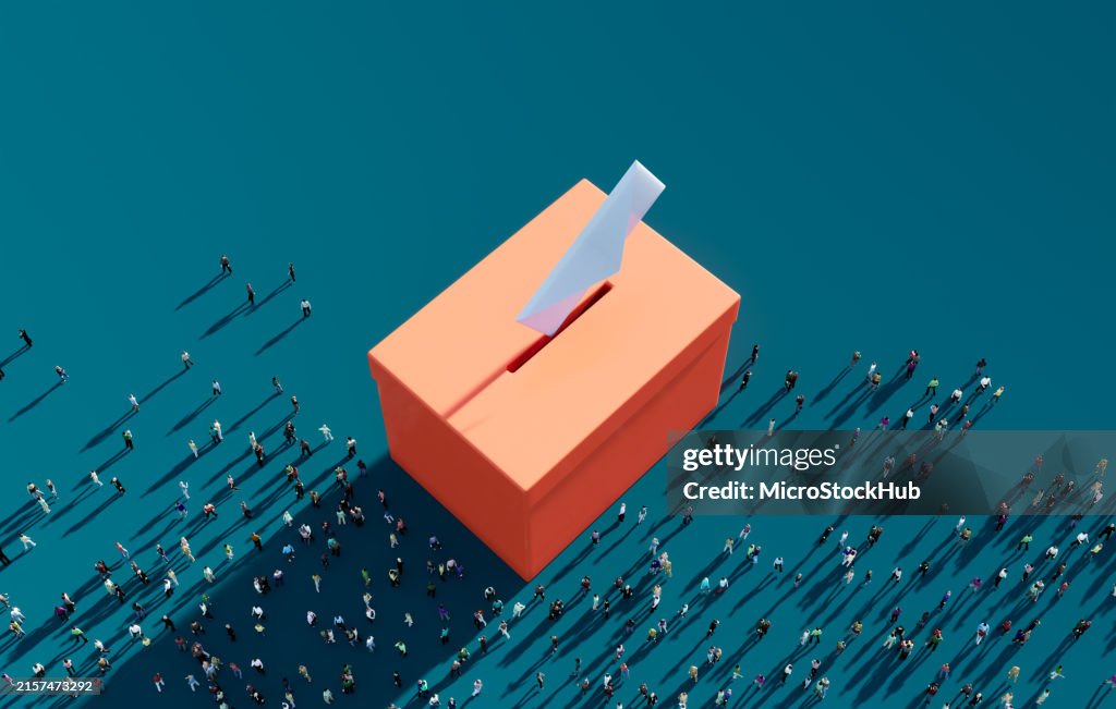 Menschen, die vor einer orangefarbenen Wahlurne auf blauem Hintergrund warten