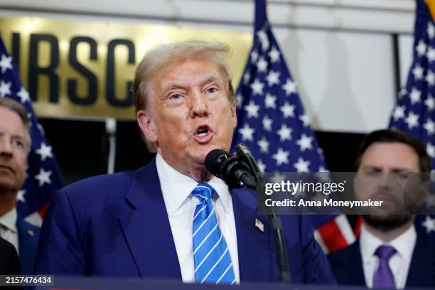 Republican presidential candidate, former U.S. President Donald Trump gives remarks to the press at the National Republican Senatorial Committee...
