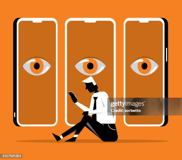 stockillustraties, clipart, cartoons en iconen met businessman - spying smart phone - gluren