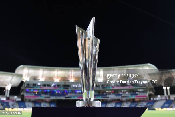 The Men's T20 Cricket World Cup trophy is seen on a plinth prior to the ICC Men's T20 Cricket World Cup West Indies & USA 2024 match between...
