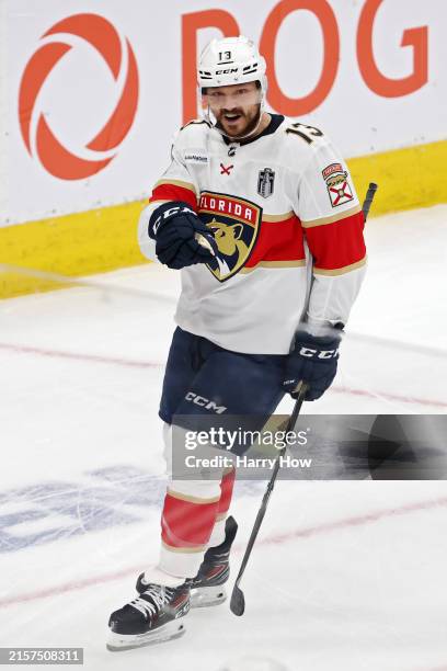 Sam Reinhart of the Florida Panthers celebrates after his goal against the Edmonton Oilers during the first period of Game Three of the 2024 Stanley...