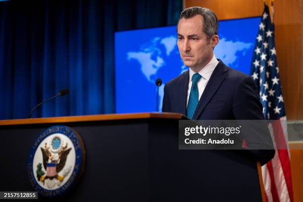 State Department Spokesperson Matthew Miller responds to questions during a press briefing at the State Department in Washington, DC, United States...