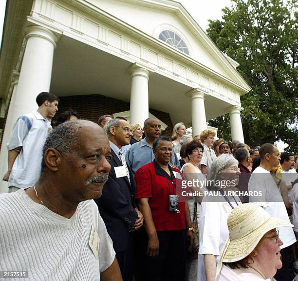 About 150 of the descendants of the author of the Declaration of Independence and third US President Thomas Jefferson pose for a photo at the first...