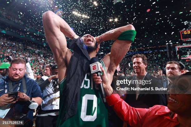 Jayson Tatum of the Boston Celtics celebrates after winning the 2024 NBA Championship against the Dallas Mavericks during Game 5 of the 2024 NBA...