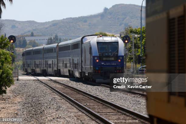 An Amtrak Pacific Surfliner train headed north arrives at the Moorpark Train Station on June 15, 2024 in Moorpark, California.