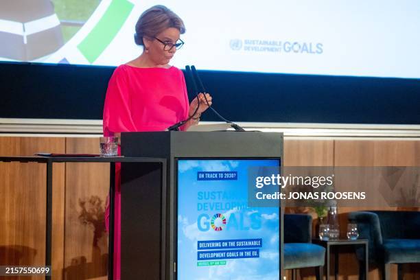 Queen Mathilde of Belgium is seen at a conference on the application of Sustainable Development Goals in the European Union, at the Royal Library in...
