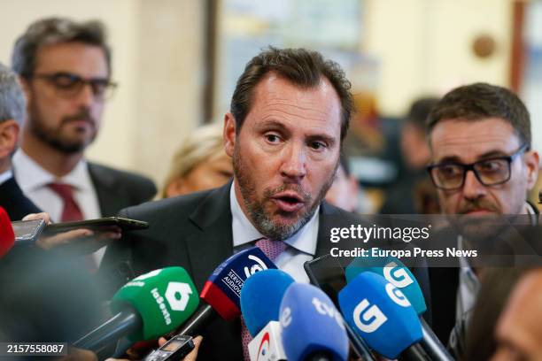 The Minister of Transport and Sustainable Mobility, Oscar Puente, makes statements to the media during his visit to the Lugo intermodal station, on...