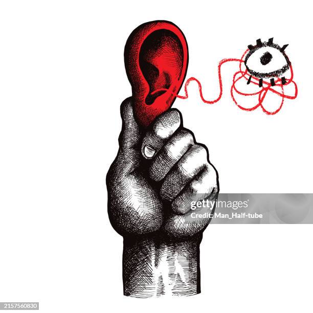 ear in hand, listening concept with grunge design elements - hearing loss stock illustrations