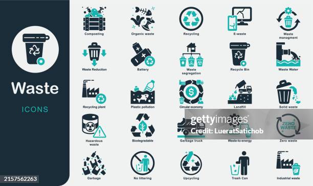 ilustraciones, imágenes clip art, dibujos animados e iconos de stock de colección de iconos sólidos de residuos. biodegradable, compostaje, residuos electrónicos, reciclaje, vertedero, conversión de residuos en energía, economía circular, contaminación por plásticos, residuo cero, segregación de residuos, residuos org - basura