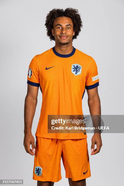 Joshua Zirkzee of Netherlands poses for a portrait during the Netherlands Portrait session ahead of the UEFA EURO 2024 Germany on June 14, 2024 in...