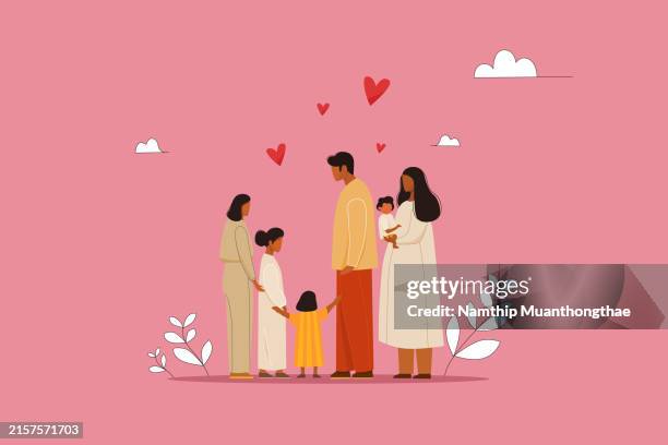 big family staying together illustration concept shows lovely family that has different ages standing together with love symbol among the beautiful of nature. - baby cartoon characters stock pictures, royalty-free photos & images