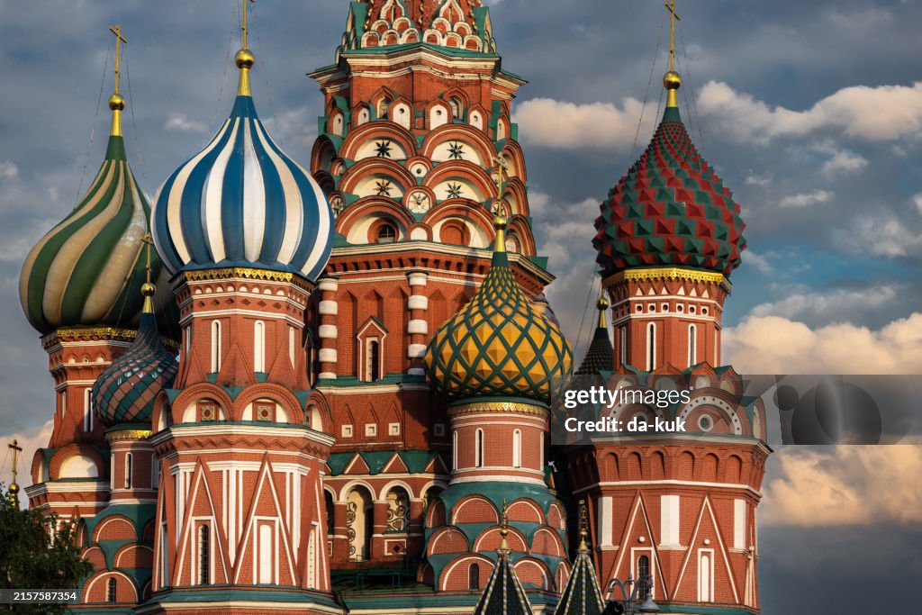 St. Basil's Cathedral Domes and architectural details. Shoot at golden hour, Russia, Moscow